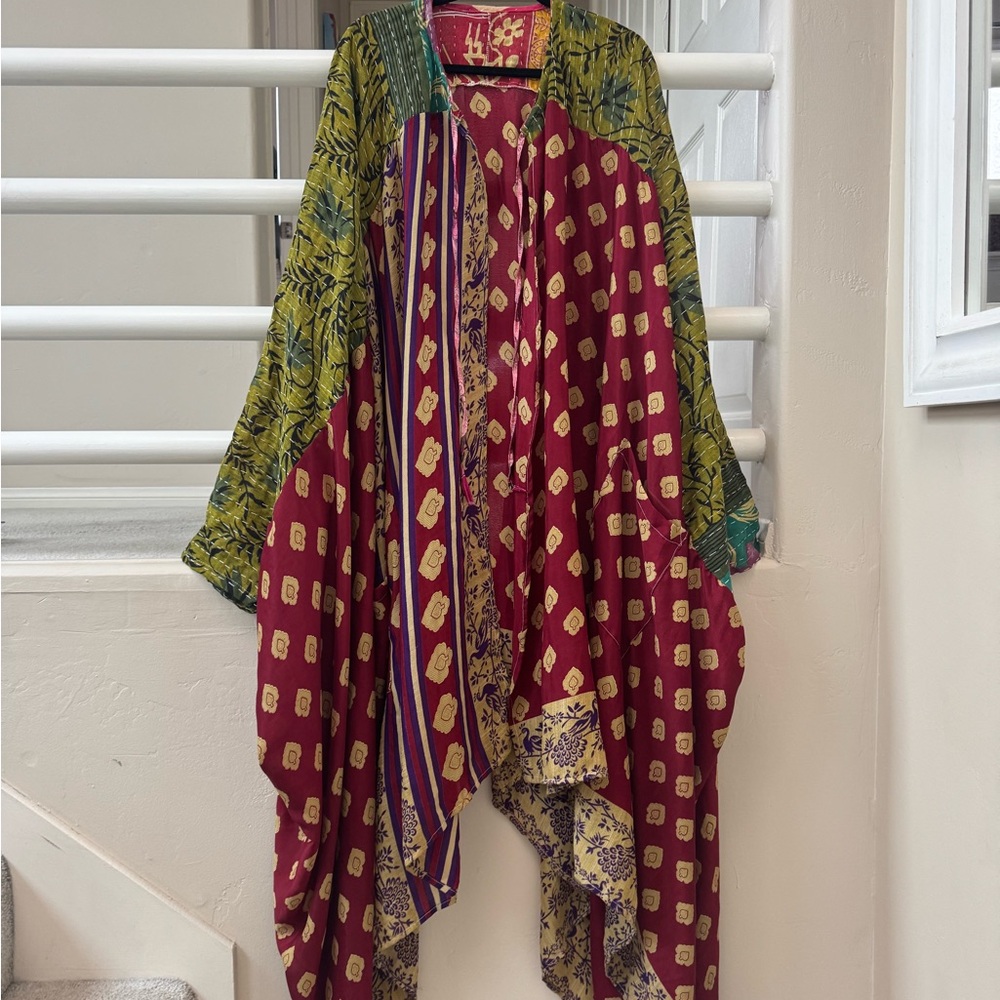 Handmade Boho Kantha and Silk Kimono Jacket in Burgundy, Olive with Pockets